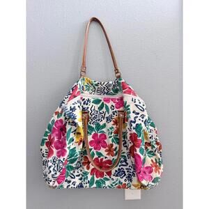 Large Floral Vintage Canvas Duffle Bag w/ Genuine Leather Straps